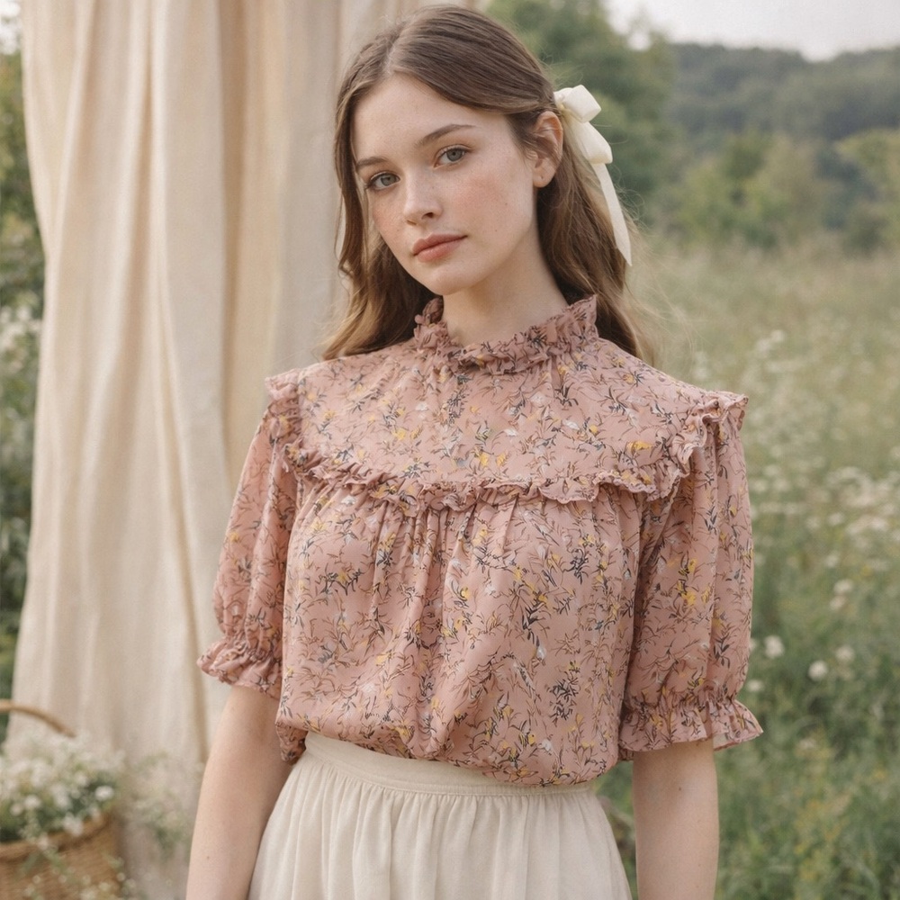Floral Sheer Ruffle Mock Neck Blouse Pink Botanical Cottagecore Prairie Feminine